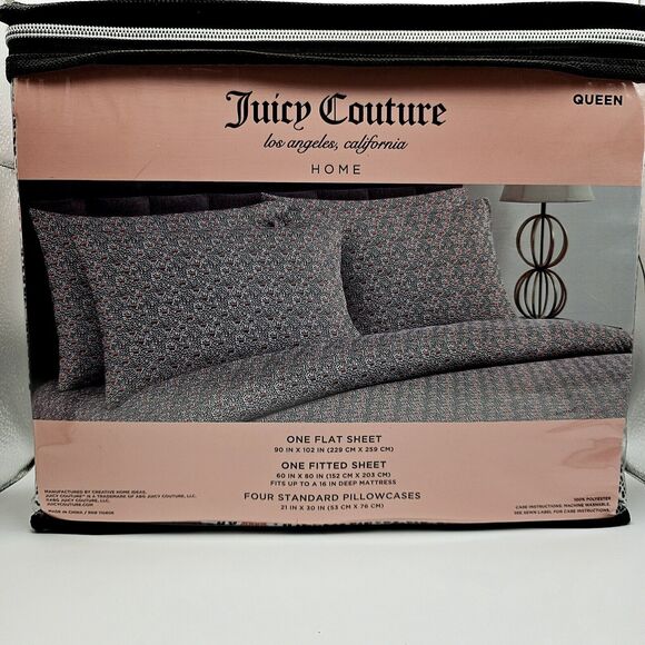 Juicy Couture Queen Sheet Set 6 Pieces Black White Cheetah Print With Red Crowns - Picture 2 of 2